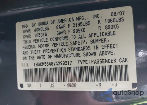 2007 Honda Accord 2.4 Lx z USA, uszkodzony, nr VIN 1HGCM56487A229217